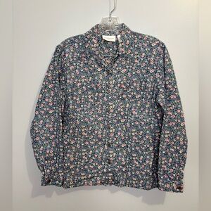 Liz Claiborne Petite Medium Floral 100% Cotton Shirt Jacket Pink Blue Oversized